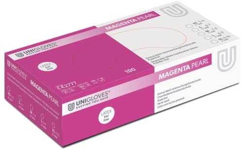 Unigloves Magenta Pearl Guantes de examen de nitrilo, Multiuso, Sin polvo y Sin látex, Guantes desechables, Caja de 100 guantes, Magenta, Talla XS GP8501