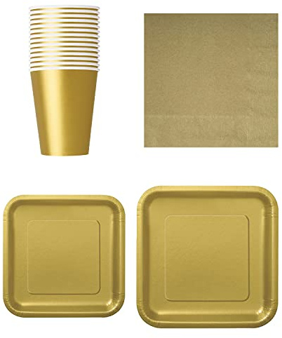 WedDecor Lot de 64 Assiettes carrées jetables en Papier, gobelets et Serviettes, Parfaits pour Pique-Nique, Barbecue, Anniversaire, Baby Showers, Mariages et événements de Noël, doré
