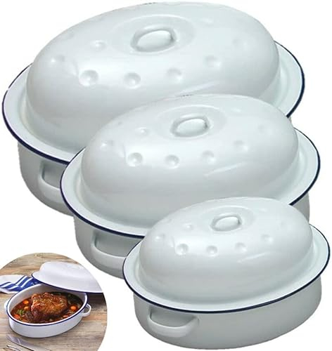 Large Enamel Oval Roasting Dish Pan Self Basting Lid Casserole Baking Tray Tin White (30cm)