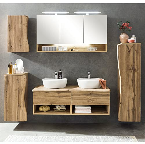 Lomadox Badmöbel Set in Wotan Eiche Nb. mit Baumkantenoptik LED Beleuchtung und Aufsatzwaschbecken, B/H/T: ca. 236/200/52 cm