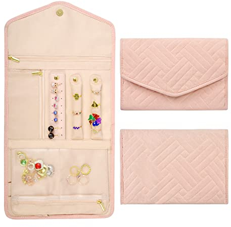1 pezzo sacchetto di immagazzinaggio pieghevole per gioielli, borsa portagioie, rullo di immagazzinaggio per gioielli, organizzatore di gioielli da viaggio, utilizzato per orecchini (rosa nudo)