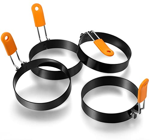 Patelai 4 Pcs Professional Egg Ring Pancake Ring Set Stainless Steel Fried Egg Griddle Pancake Shapers with Orange Silicone Handle for Breakfast Omelette Sandwich (4 Inch)