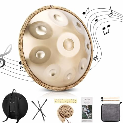 Handpan 440 Hz, 9 Töne 22 Zoll Steel Handpan Instrument, Gold Performer in D Minor Zungentrommel, mit Handpan Weicher Tasche, Schlägeln, Handtrommelständer Für Anfänger, Profis, Musiktherapie