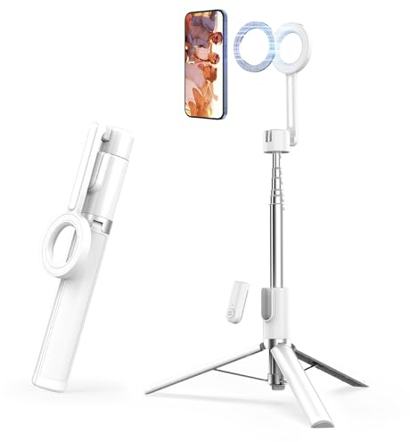 SEAJIC Magnetic Phone Tripod for iPhone 54 Selfie Stick Tripod with Remote and Metal Ring, Phone for Video Recording, Cell Phone Mount Stand for Cellphone (White)