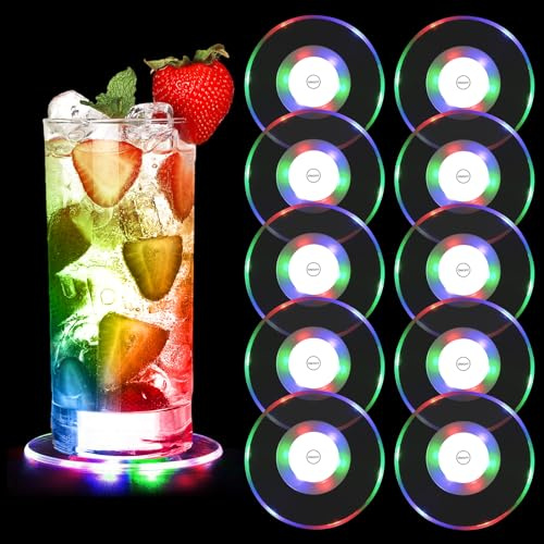 Infreecs 10 Stück Bunt Led Untersetzer, 3 Beleuchtungsmodi Leuchtende Untersetzer, Acryl Rund wasserdichte Leuchtuntersetzer, Led Untersetzer für Gläser, Flaschen, Partys, Bar, Hochzeiten, Festival
