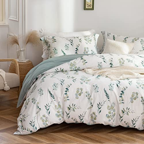 MILDLY Housse de Couette 220x240 Coton avec Motif Botanique - Vert Sauge | Parure de Lit 2 Personnes avec 2 Taies d'oreiller 65x65 cm - 100% Coton Lavé - Certifié Oeko-TEX - Texture Lin