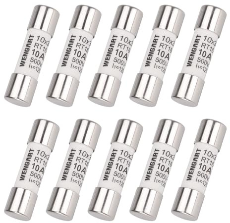 Wengart 10 fusibles cilíndricos CA RT18-32 (RO15), CA500V 10A 120kA, 10 unidades, 10x38 mm, fuerte capacidad de conmutación, puede proteger el circuito de forma fiable
