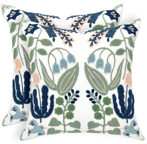 Alysheer Floral Embroidered Spring Decorative Throw Pillow Covers 20x 20 Set of 2, Farmhouse Cottage Navy Blue Green Flowers Leaves Knit Pattern Cotton Canvas Cushion Case for Couch Bed Living Room