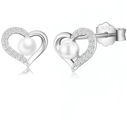 Perlenohrringe Silber 925, Silber Perlenohrstecker, Perlen Ohrringe Herz Ohrstecker mit Süßwasserperlen für Damen Frauen Mädchen