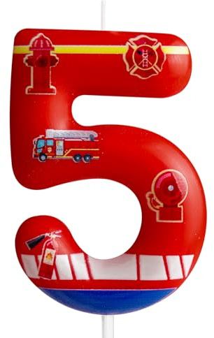 Kerze zum 5. Geburtstag, Feuerwehrauto Nummer 5, Feuerwehrauto, Kuchendekoration, Geburtstagsparty-Zubehör, roter Feuerwehr-Löscher-Thema, Kuchendekoration, Dekorationen für Kinder, Jungen, Mädchen,