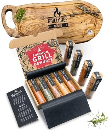 TIMBER TASTE® Grillbrett & Gewürze Geschenkset Olivenholz mit Gravur + 5 BBQ Gewürze & Rezepte | Schneidebrett Geschenkset Geschenke für Männer | Ostergeschenke Erwachsene | Ostergeschenk Mann
