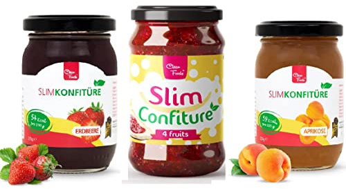 CleanFoods sans sucre 54-59 calories confiture I confiture de fruits I 1x fraise 1x abricot 1x fruits des bois 230-235g I sans génie génétique I seulement 54-59 calories pour 100g l Vegan
