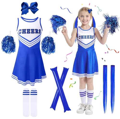 Kitimi Cheerleader Kostüm Kinder Mädchen, Kinderkostüm Cheerleadering Outfit Schulkind Mädchen Uniform Kleid mit Pompoms Socken Haarspangen Cheer Sticks für Karneval Fasching Party Verkleidung Cosplay