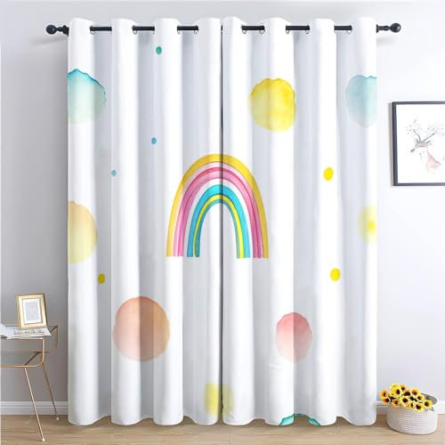 Kinderzimmer-Vorhänge, 233,7 x 182,9 cm, Cartoon-Aquarell-Regenbogen-Druck, 3D-Verdunkelungsvorhänge für Jungen und Mädchen, weiße Ösen, Fenstervorhänge, isoliertes Polyestergewebe, 2 Stück