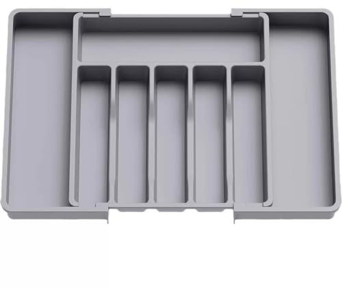 BANSHAN Cutlery Drawer Organiser, Expandable Cutlery Tray for Kitchen Drawer, Adjustable Utensils and Silverware Holder, Plastic Flatware Spoons Forks Knives Holder Storage Insert, 38 * 34 * 5 (Gray)
