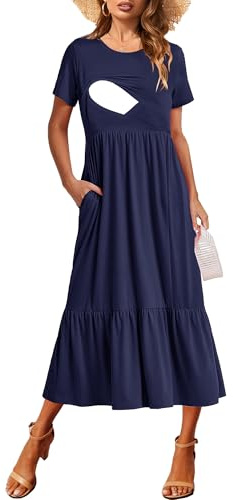 CzzzyL Women Nursing Short Sleeve Crew Neck Fall Dress Maternity Flowy Maxi Dresses Tiered Cocktail Dress with Pockets