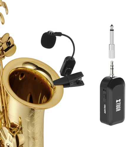 XTUGA Micrófono inalámbrico para saxofón 2.4G, sistema recargable, micrófono de instrumento con clip, transmisor receptor con batería de 8 horas para saxofón, trompeta, trombón, instrumentos de