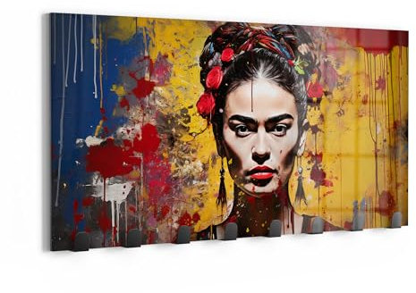 DEQOART Wandgarderobe Glas & Metall | Motiv Fridas Farbvision | 60x30 cm | Design Haken-Leiste modern | Garderoben-Paneel für Flur, Wohnzimmer & Schlafzimmer | magnetisch & beschreibbar