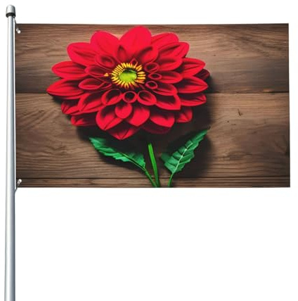 Panneau en bois rétro imprimé dahlia rouge, bannière décorative extérieure, pelouse, maison, terrasse et mur