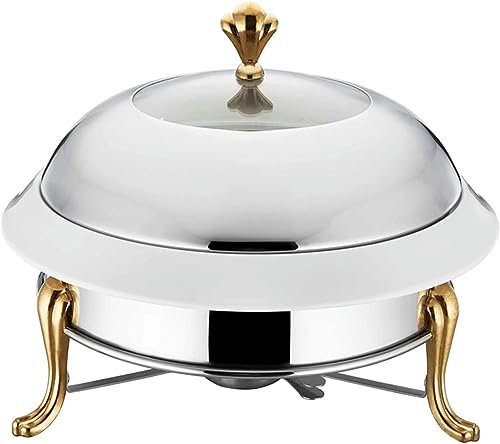 CWCQGH Chafing Dish Rotondo in Acciaio Inox di Dimensioni Standard, Set di scaldavivande per Buffet, Set di scaldavivande con teglia per Alimenti e Porta-combustibile,Gold-18cm