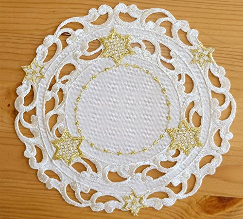 matches21 HOME & HOBBY Tischdeckchen Selina Ø 20 cm Ecru Lochstickerei Silber Sterne rundes Deckchen Weihnachten Polyester