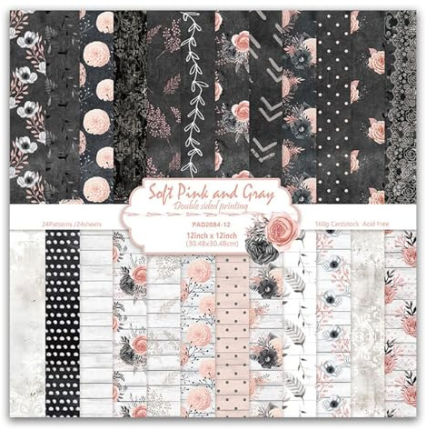 MerwDeeyt Scrapbook Papier Vintage Bastelpapier mit Blumen Muster (Schwarz) | 24 Blatt, Doppelseitiges Motivpapier, Frühling Dekorpapier, für Journal Scrapbooking
