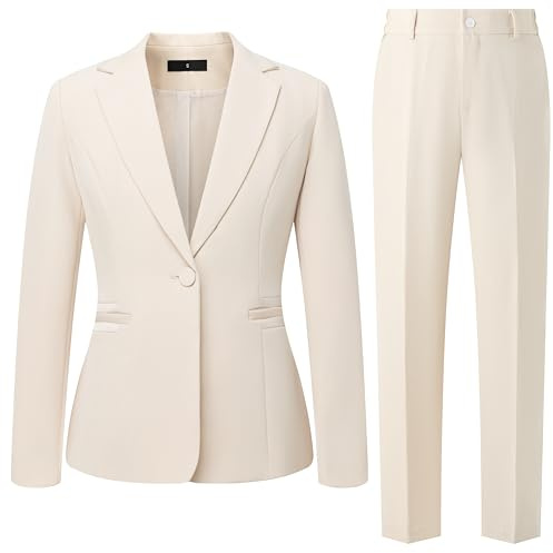 Women's 2 Piece Suit One Button Dressy Blazer Pants Suit Set Business Casual Outfits (US, Alpha, Medium, Regular, Regular, Apricot)