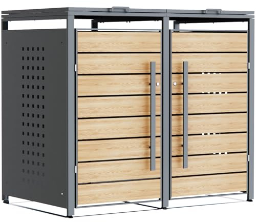 CHOSHOME Mülltonnenbox 2er 240L, Anthrazit & Holzoptik, verzinktem Stahl | Mülltonnenverkleidung aus verzinktem Stahl für 2 Mülltonnen, wetterfest, Automatikdeckel mit Softclose & Schloss, Gerätebox