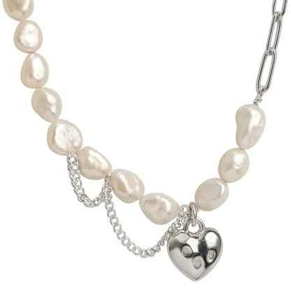 Vipfashion797 Perlenkette Damen 925 Sterling Silber mit Herzanhänger – Silberne Gliederkette & Barockperlen – Vintage Halsschmuck für Frauen & Mädchen