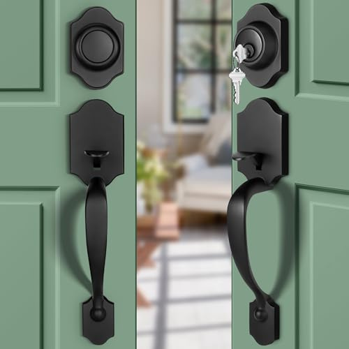 Moquin Double Door Handle Set for Front Door, Classic Double Front Door Lock Set with Dummy, Reversible Handle Lever for Entrance Exterior Doors, Matte Black