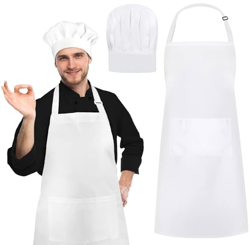 NebulaGlam Cappello e Grembiule da Cuoco, Grembiule da Cucina Impermeabile Regolabile con 2 Tasche e Professionale Cappello, Grembiule Cucina Uomo Donna per Fornai, Cucine, Case, Ristoranti, Hotel