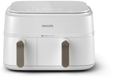 Philips Airfryer Dual Basket 3000 Series, 9L, 2 Körbe, 2 Gerichte gleichzeitig fertig, RapidAir Plus Heißlufttechnologie, 90% weniger Fett, Energieeffizient, HomeID Rezepte-App, Weiß (NA353/10)