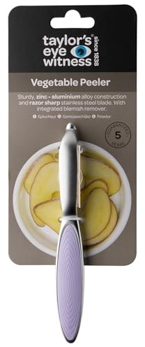 Premium Silver Straight Vegetable Peeler - Taylors Eye Witness, Great Kitchen Gadget, with Sturdy Zinc Aluminum Construction with Silver & Lavender Colour, Glides Easily Over Apple, Carrot Or Potato