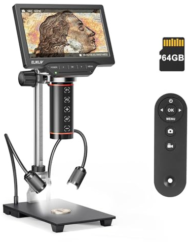 Elikliv EM3K-AF Autofokus Digital Mikroskop 2000X, 3K 7'' Münzmikroskop für Gesamtansicht,HDMI Lötmikroskop für Erwachsene, LED-Volllicht, PC/Windows/Mackompatibel, 10-inch Ständer, 64 GB