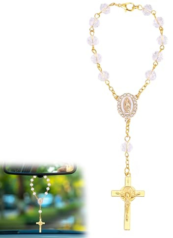 lasuroa Rosenkranz für Auto-Spiegelaufhängung, Elegantes Rückspiegel Accessoire Katholischer Rosenkranz Anhänger als Hochzeitsgeschenk Tauf und Erstkommunions Dekoration
