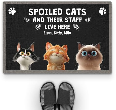 Personal Chic Personalised Door Mat - Spoiled Cats and Their Staff Live Here - Welcome Mat, Funny Cat Doormat, Gifts for Cat Lovers, Custom Door Mat, Personalised Rug (#3)