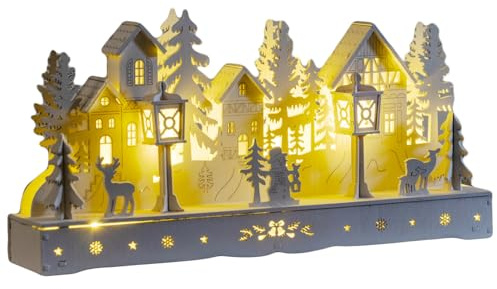 White Light Up Wooden Christmas Village Scene LED Xmas Houses Sculpture Decor