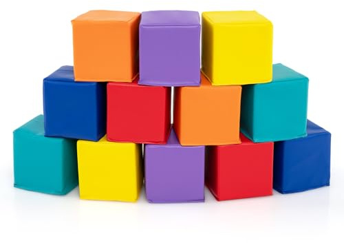 COSTWAY Set di 12 Blocchi da Costruzione in Schiuma EPE, Cubi Colorati 14 x 14 cm con Copertura in Finta Pelle Impermeabile, Blocchi Morbidi per Bambini per Impilare e Arrampicarsi