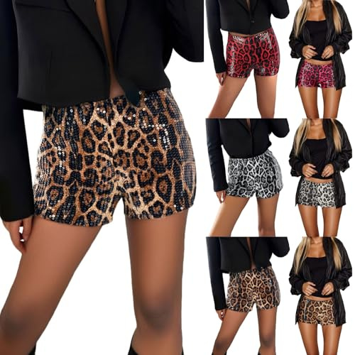 Generisch Glitzer Shorts Damen Elegant Leopard Muster Partyshorts Niedriger Taille Kurz Hose Shorts Pailletten Hot Pants Party Outfit