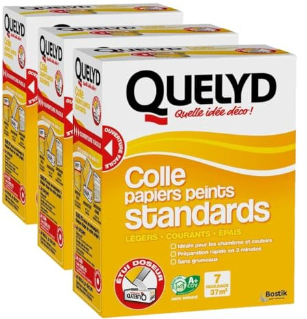 Quelyd Colle Papiers Peints Standards – Idéale pour Chambres et Couloirs – Prête en 3 Minutes – Dosage Ultra Facile – Sans Grumeaux – Sans Solvant – Poudre 250 g (7 rouleaux) (Lot de 3)