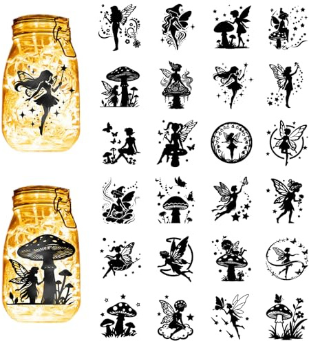 CREATCABIN 24Pcs Fairy Silhouettes Mason Jar Decor Mushroom Laser Cut Cardboard Scrapbook Cutouts Die Cuts PVC for Crafting Lantern Jars Wall Painting Windows Glass Phones 3.9x3.5Inch-No Sticker