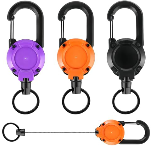 3 stycken utdragbara nyckelringar, utdragbar ID-hållare, utdragbar nyckelhängare, infällbar nyckelring med 60 cm ståltråd (svart + lila + orange)
