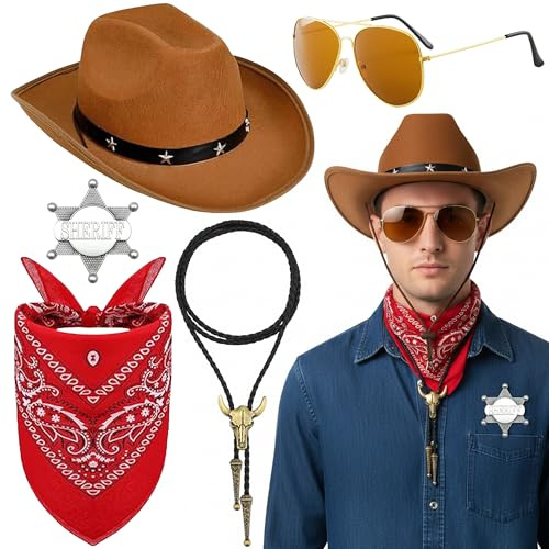 Xietaea Cowboy Zubehör Set Herren Damen - 5 Stück Wilder Westen Accessories mit Hut Sheriff Abzeichen Paisley Bandana, Bolo-Krawatte für Karneval Mottoparty Fasching Western Party