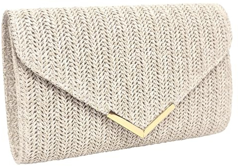 Cckuu Women Straw Clutch Bag, Summer Beach Evening Bag, Woven Handbag for Wedding, Party, Holiday & Vacation, Beige