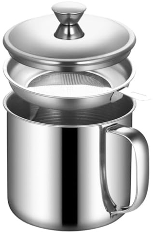 MALUGOGO 304 Stainless Steel Oil Pot with Mesh Grease Strainer 1.3l Kitchen Oil Strainer Jug Filtration and Storage Household Dripping Container