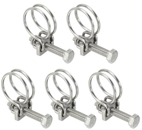 sourcing map 5 Pcs Double Wire Hose Clips 19-23 mm Stainless Steel Adjustable Wire Pipe Tube Clamps with M6 Screw Plumbing Joint Fastener for Dust Collection Pool Pond, Silver