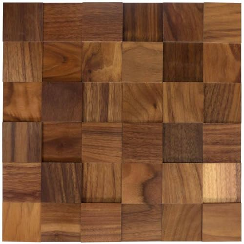 wodewa Holzmosaik Nussbaum geölt Vollholz selbstklebend 3D I Wandverkleidung 50x50mm (Matte 300x300mm) I Holzquadrate Wand Schlafzimmer edel I Wandpaneele Made in Germany I Walnut Premium dunkel 50
