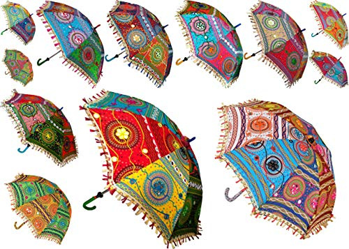 10 Stück gemischte indische Hochzeitsschirme, handgefertigte Stickerei-Regenschirme, Dekorationen, Spiegelarbeit, Vintage-Sonnenschirme, Baumwollschirme