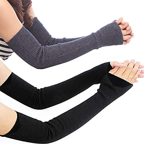 Lemoyoung Damen Kaschmir Warme Lange Fingerlose Handschuhe Winter Armwärmer (2 Paar, Schwarz & Dunkelgrau), 2 Paar, Schwarz und Dunkelgrau, Einheitsgröße