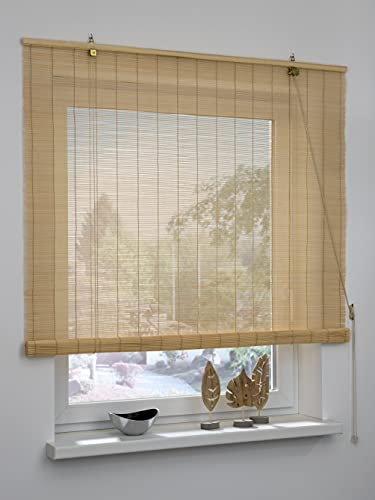 GARDINIA Bambus-Rollo Natur, Decken- oder Wandmontage, Lichtdurchlässig, Transparent, Alle Montage-Teile inklusive, 80 x 160 cm (BxH)